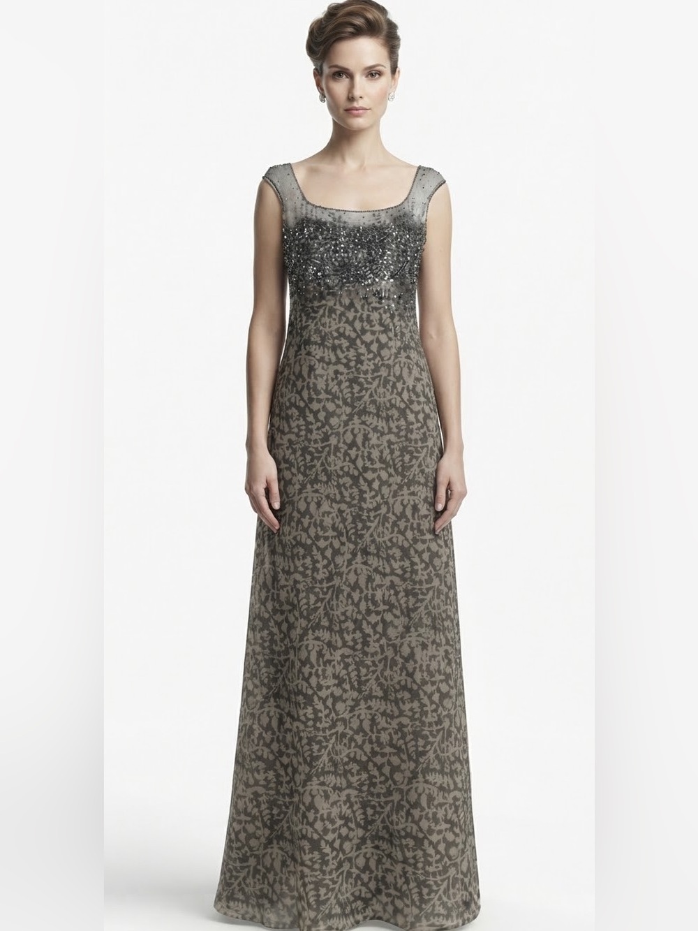 NT Brown/Black Printed Gray Sheer Trim Embellished Cocktail Gown S